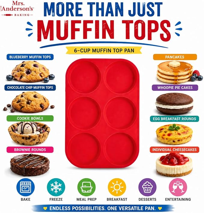 Mrs. Anderson's Baking 6-Cup Muffin Top Pan, Non-Stick European-Grade Silicone