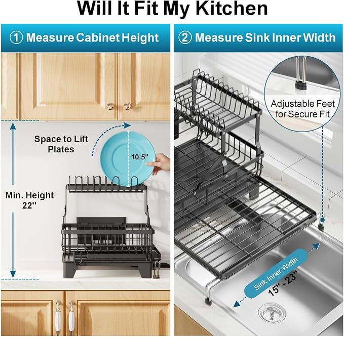 Large 2 Tier Dish Drying Rack - Expandable Over Sink & Counter Use | Extendable Drying Space, Auto-Drain Spout, Stable Screw-Fixed Frame, Cup & Utensil Holder, Rust-Resistant Kitchen Rack, Black