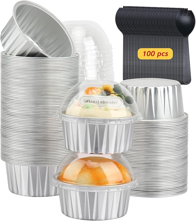 LNYZQUS 5oz Cupcake Tins with Dome Lids 100 Pack, Foil Dot Cake Cups | Mini Cake Pans and Containers, Disposable Ramekins, for Baking and Packaging, for Bake Sale, Round Silver