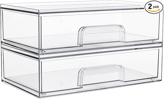 Vtopmart Clear Stackable Storage Drawers, 2 Pack Wide Plastic Organizers | Clear Pull-Out Plastic Drawers, Stackable Design for Makeup Palettes, Cosmetics, Beauty Supplies, Vanity, Cabinet and Desk
