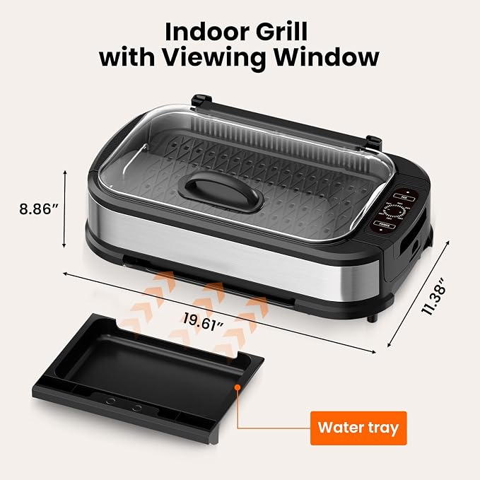 Electactic Smokeless Electric Grill & Griddle for Indoor Cooking, Nonstick Contact Grill with 6-Level Temperature Control, Dishwasher Safe Plates, Auto Shut-Off, Ideal for Kitchen, Apartment, Home