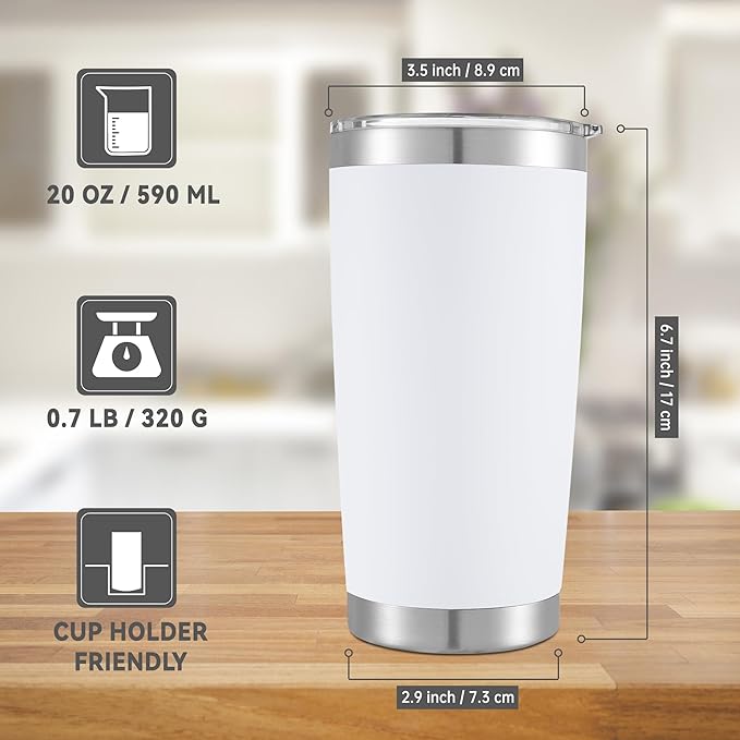 20 oz Tumblers Stainless Steel Tumbler with Lid, 1 Pack | White, 20oz Insulated Coffee Mug, Double Wall Vacuum, Powder Coated Cup, for Hot and Cold Drinks