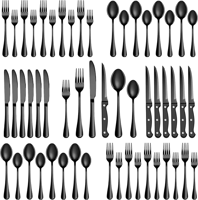 24 Pcs Black Silverware Set with Steak Knives, Stainless Steel Flatware Cutlery Set for 4, Kitchen Tableware Sets, Utensil Sets for Home and Restaurant, Dishwasher Safe