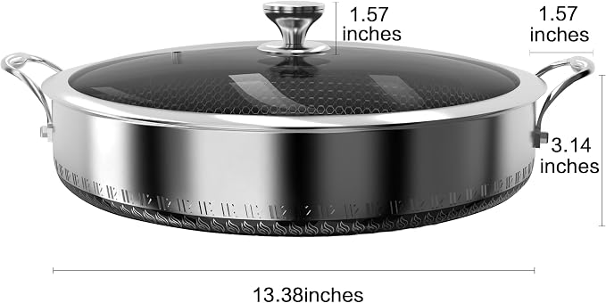 316L Stainless Steel 8QT Frying Pan Hex Nonstick Wok with Lid, Two Handle to Hold, PFOA Free, Dishwasher Oven Safe (8QT)