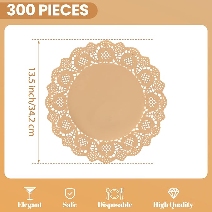 300 Pack 13.5 Inch Round Kraft Paper Doilies, Disposable Lace Placemats | Rustic Brown Scallop Doily Table Pads, Heavy-Duty Paper Place Mats for Cakes, Crafts, Parties, Weddings, Buffet, Home Decor