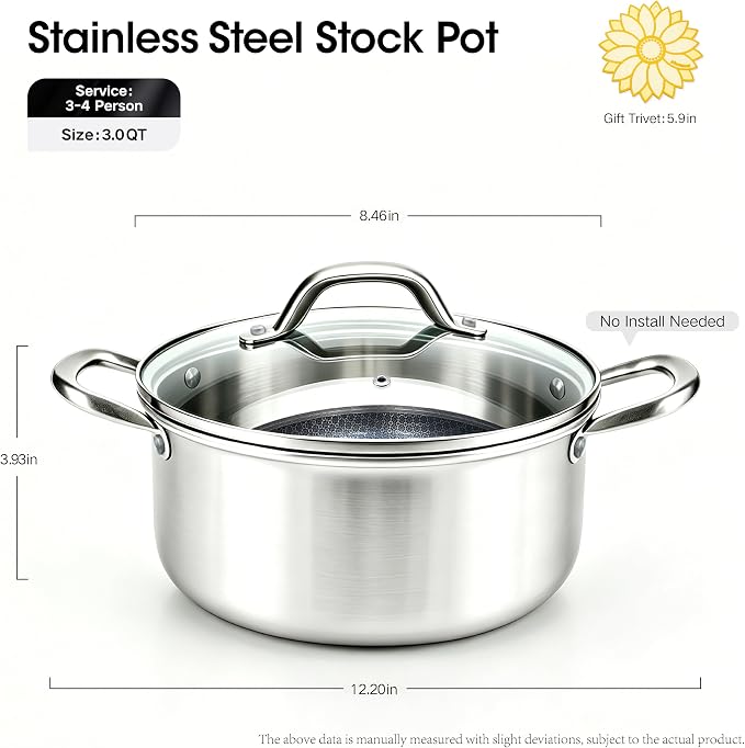 BRASA, Stainless Steel Stock Pot with Grass Lid 3QT+5.9in trivet,Nonstick cooking pot,for Pasta,Soup,Spaghetti,Sturdy,Induction & All Cooktop Compatible,Dishwasher safe PFOS Free (3QT+5.9in trivet)