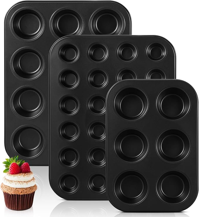 SiliFine 3 Pack Nonstick Muffin Pan Carbon Steel Cupcake Pan Muffin Tin Easy to Clean Tray Bakeware for Baking Cup Cake Cheesecake, 6, 12, and 24 Cup, Jumbo