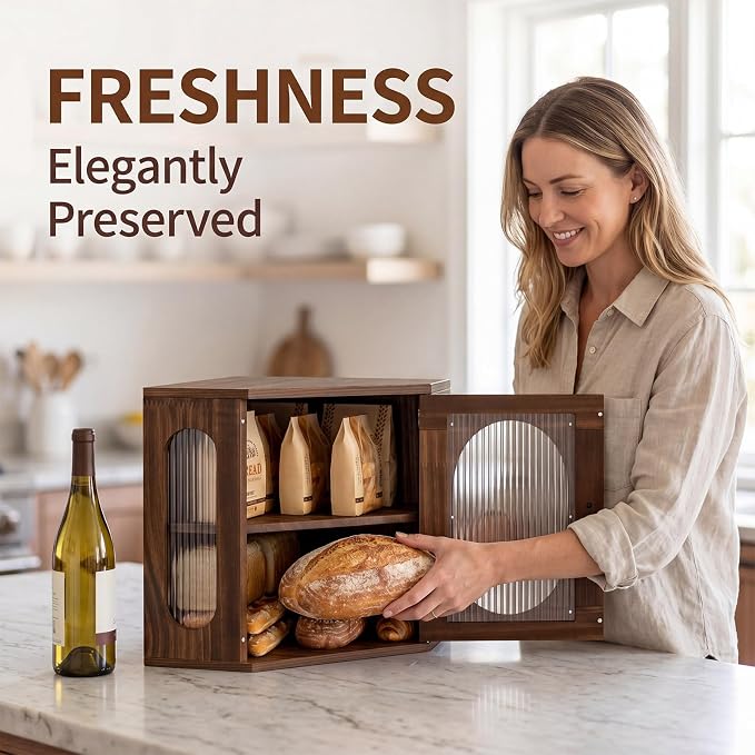 Alpeir Corner Bread Box for Kitchen Countertop, 3 Adjustable Height,Brown | Solid Pine Wood, Hold 2 Loaves, Strong Acrylic Window, Easily Care, Farmhouse Pantry Container for Home Baker, Family of 4