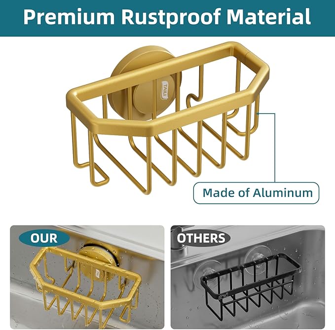 TAILI Sponge Holder for Kitchen Sink with Strong Suction Cup-Gold | Removable Sink Caddy for Kitchen Sink Oganizer, Rustproof Aluminum Sink Sponge Holder for Scraper Brushes, Stoppers