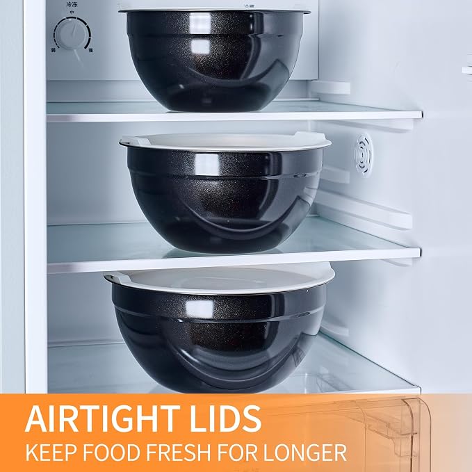 Black Mixing Bowls with Airtight Lids, Stainless Steel Nesting Mixing Bowls Set of 7, Ideal for Baking, Prepping and Serving Food, Size 7, 3.6, 2.7, 2.1, 1.5, 1.1,0.8 QT, Stackable Design