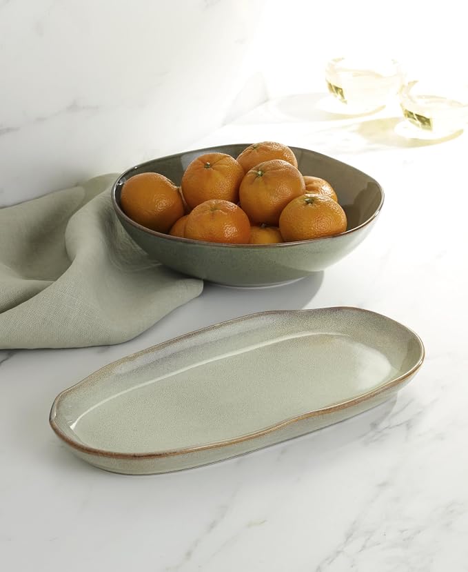 Oneida Organic Shades Sage Green Stoneware 2-Piece Serving Platter Set | dishwasher safe, microwave safe | includes platter and serving bowl | 44oz, food tray, gift for women