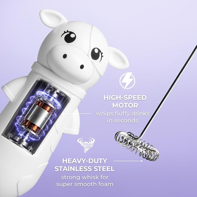 Zulay Kitchen Cow Milk Frother Wand – Cutesy Frother, Meet Your New Frothing Buddy Daisy The Cow, Adoption Papers and Stickers Included, Purrr-fect for Lattes, Cappuccino & Matcha – White