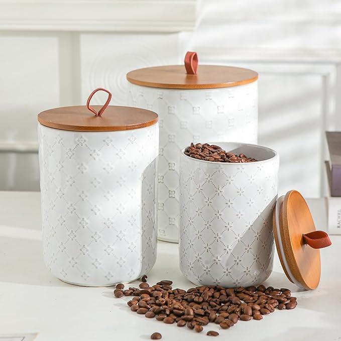 White Ceramic Canisters Set with Airtight Lids, 82/48/30 oz Coffee Canisters Sets for the Kitchen, Large Jars for Flour, Sugar, Pasta, Coffee, Cookies, Tea - Set of 3, Embossed Pattern
