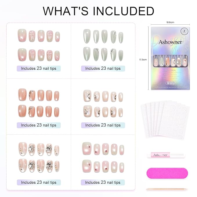 6 Packs (144 Pcs) | Reusable Press on Nails | cute nails | 6-Style Bundle | 12 Sizes | Each Style 24 Pcs | Colorful & diamond