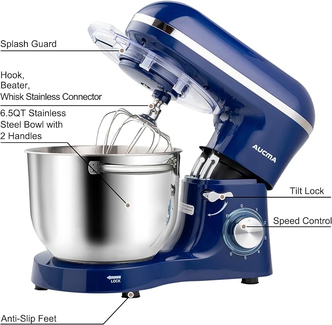 Aucma Stand Mixer,6.5-QT 660W 6-Speed Tilt-Head Food Mixer, Kitchen Electric Mixer with Dough Hook, Wire Whip & Beater (Royal Blue, 6.5QT)
