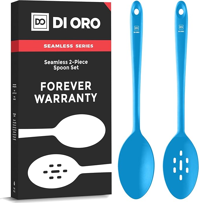 DI ORO Silicone Cooking Spoons - Solid & Slotted Set, 2-Pc Blue | Large heads for mixing, serving, and stirring; Heat-resistant to 600F for nonstick cookware; BPA-free and dishwasher safe