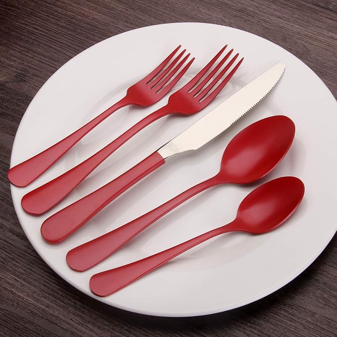 Red Silverware Set, Bysta 20-Piece Stainless Steel Flatware Set, Kitchen Utensil Set Service for 4, Tableware Cutlery Set for Home and Restaurant, Knives mirror polish, Dishwasher Safe