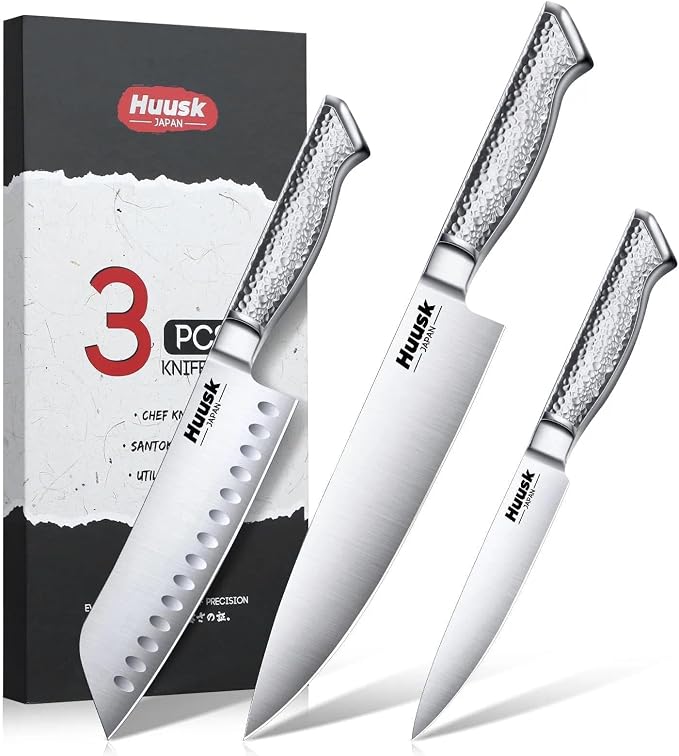 Huusk Chef Knife Set of 3, Japanese Stainless Knife Set Dishwasher Safe | Ultra Sharp Kitchen Knives Sets with Ergonomic Anti-slip Handle, Professional Cooking Knives Sets, Homewarming Gifts