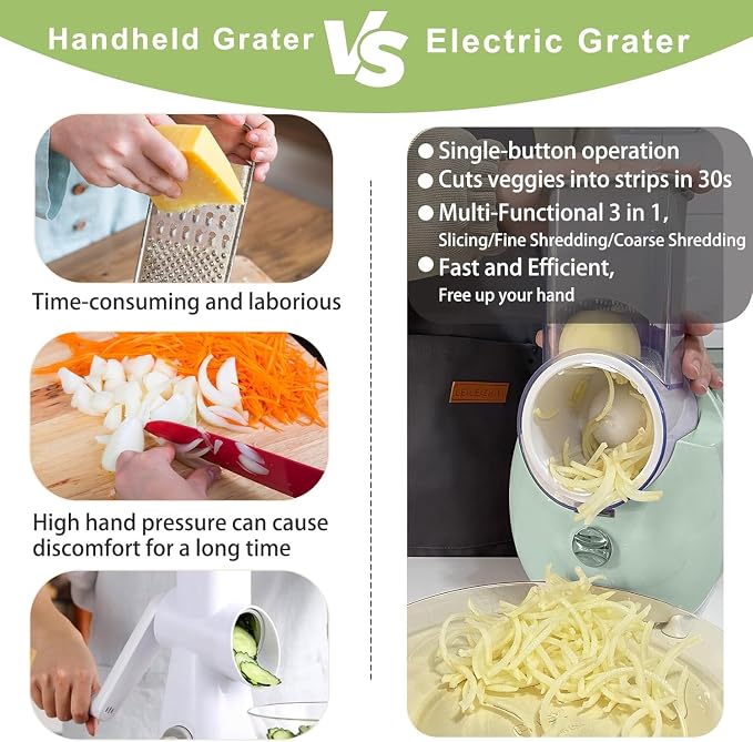 3 In 1 Electric Cheese Grater For Block Cheese | Electric Grater For Home Kitchen,One-Touch Easy Control Salad Shooter Electric Slicer/Shredder For Veggies Cucumber Nuts