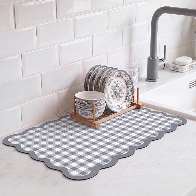 Gray Scalloped Gingham Coffee Mat 12" x 20" Absorbent Bar Mat | Gingham Espresso Matt with Non Slip Rubber Backing for Coffee Countertops