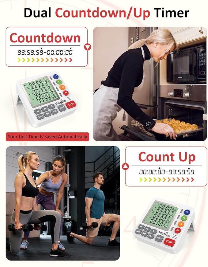 Digital Kitchen Timer with 4 Channel, Loud Alarm and Silent Mode | Magnetic Cooking Timer with Count Up & Countdown for Kids and Seniors, Large Display to Read, Auto Memory, Battery Included