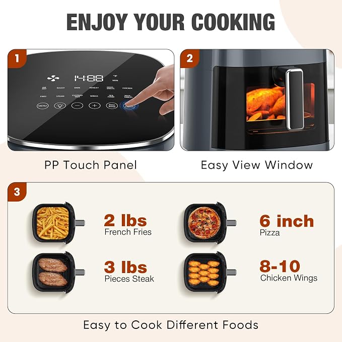 Sweetcrispy Air Fryer 6 Quarts with Window, 12-in-1 Square Airfryer Oven for Family, 400°F Rapid Air Crispy Technology, Roast Bake Dehydrate, Nonstick & Easy-Clean Basket