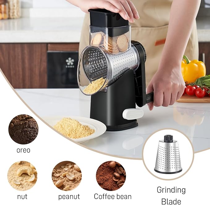Weltonhm 4 in 1 Large Rotary Cheese Grater Hand Crank (Black 4 Graters) | Cheese Shredder Rotary and Slicer with 4 Stainless Steel Blades for Vegetables, Veggie and Cheese, Stronger Suction Base