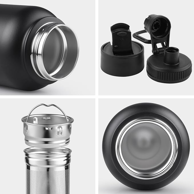 Sivaphe 32 oz Tea Infuser Bottle With Removable Filter,18/8 Stainless Steel Insulated Water Bottle for Loose Leaf Tea,1L Strainer Travel Tumbler with Lid Black