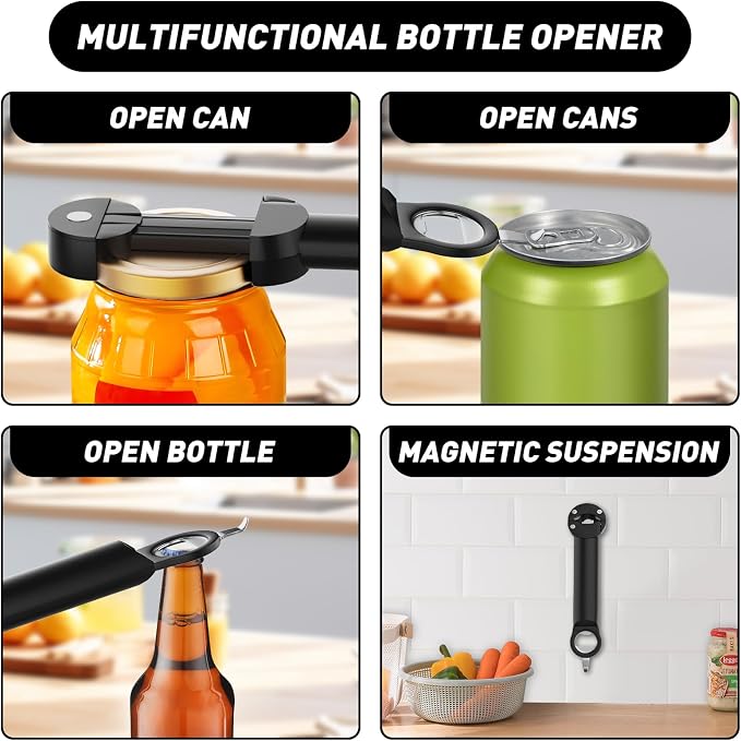 Jar Opener Bottle Opener for Seniors with Arthritis, Multi Retractable Magnetic Can Opener, Jar Grippers for Opening Jars, Kitchen Gadgets for Weak Hands and Senior Arthritis (Black)