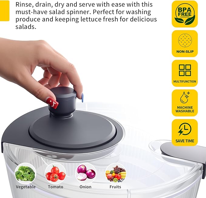 Salad Spinner Large, Fruit Washing Bowl with Strainer, Quick and Easy Use Lettuce Spinner, Fruits and Vegetables Washer, Lettuce Salad Dryer, Kitchen Essentials (4L/4.23Qt)