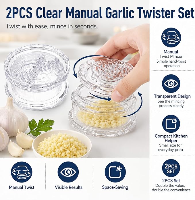 Transparent Manual Garlic Twister & Mincer, 2-Pack Multi-Functional Grinder for Garlic, Onion, Ginger, Herbs, Nuts, Impact Resistant Kitchen Gadget
