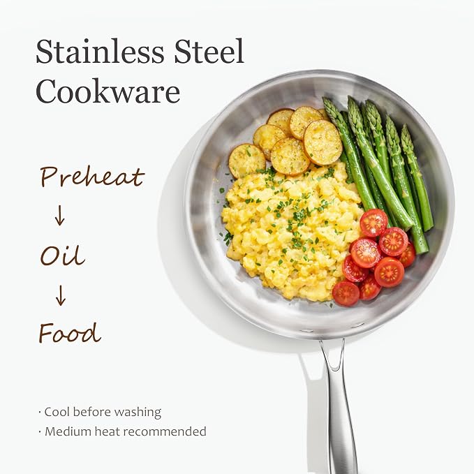 CAROTE 3-Piece Tri-Ply Stainless Steel Frying Pan Set, Skillet Set 8"/10"/12", Induction Compatible, Oven & Dishwasher Safe, Silver Handle