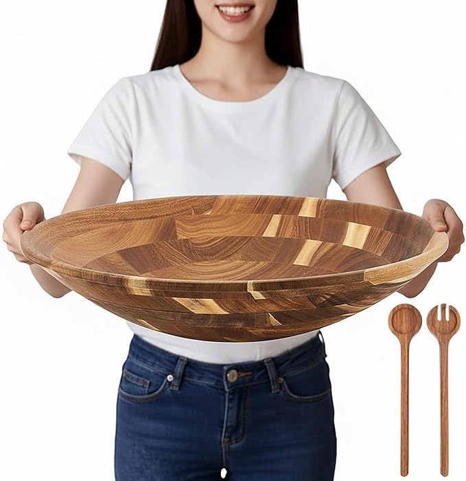 Geiserailie Extra Large 18 Inch Acacia Wood Salad Bowl Set Wooden Serving with Serving Utensils Oversized All Purpose Bowl for Fruits Salad Kitchen for Housewarming Wedding Table Display Gift