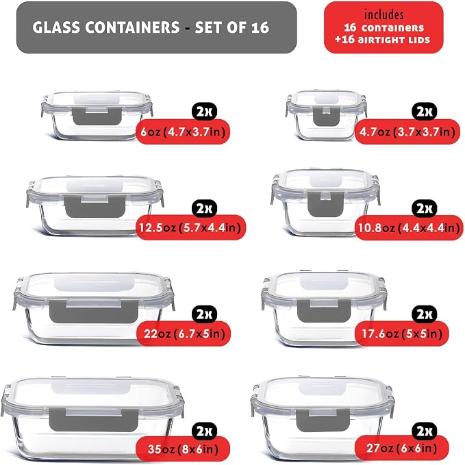 EATEX 32pc Glass Storage Containers with Lids, 16 Glass Food Storage Containers with 16 Airtight Lids for Pantry & Kitchen, Meal Prep Containers for Lunch, Oven Freezer Microwave & Dishwasher Safe