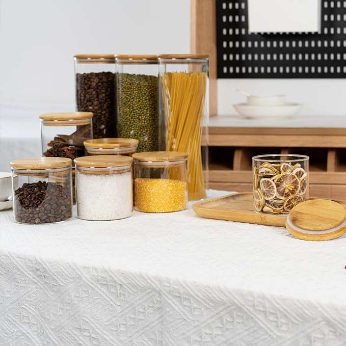D2scrma 70oz Straight cylindrical Airtight Storage Jars with Bamboo Lid Set of 3 Storage Container Glass Jars, Kitchen Canister for Noodles, Pasta and Coffee beans (‎with Black Lable)
