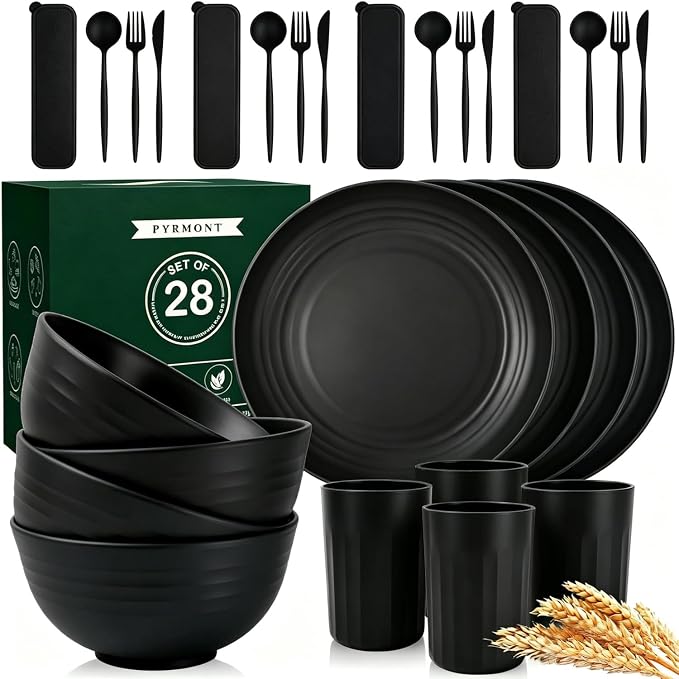 PYRMONT Dinnerware Set Wheat Straw Bowls and Plates Set Unbreakable Kitchen Dishes Service for 4 Microwave & Dishwasher Safe Plastic Dish Set for Camping,RV,Picnic-Black