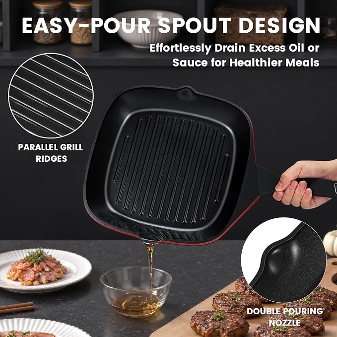 11" Nonstick Grill Pan for Stove Top, Square Steak Grill Skillet | Steakhouse Grill Marks • PFOA-Free Nonstick • Even Heat Distribution