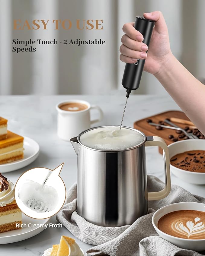 INFOOD Rechargeable Milk Frother with Cover, 2-Speed, 2 Whisks, Black | Stainless Steel Body and Whisks, 2 Detachable Heads, for Lattes, Cappuccinos, Hot Chocolate, and Egg