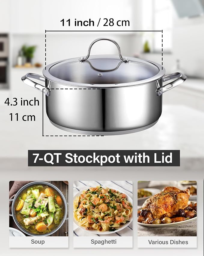 Cooks Standard 7 Quart Stock Pot, Stainless Steel Cooking Pot with Lid | Induction compatible, oven safe and dishwasher safe stock pot with lid for soups, stews, pasta and family-size meals