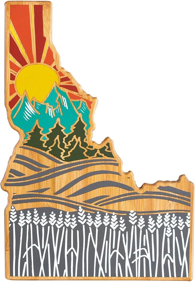 Totally Bamboo Idaho State Shaped Cutting Board, Summer Stokes Art | State charcuterie board with colorful hand-drawn landscape art. Smooth reverse side for food prep. Hang tie for wall display.