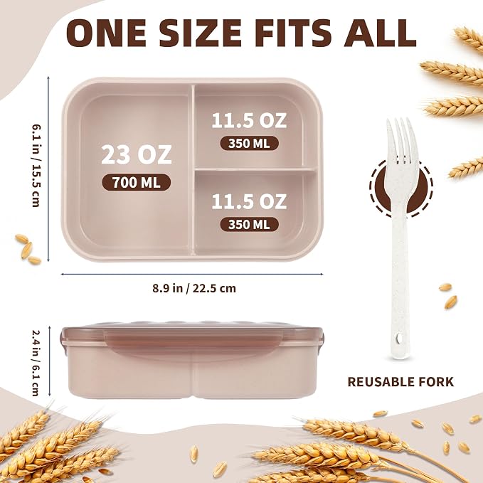 Itopor Bento Box for Kids & Adults, Lunch Box 46 oz / 1400ml, Tan | Wheat straw material, BPA-free, leakproof, 3 compartments, microwave & dishwasher safe, for school, office & travel