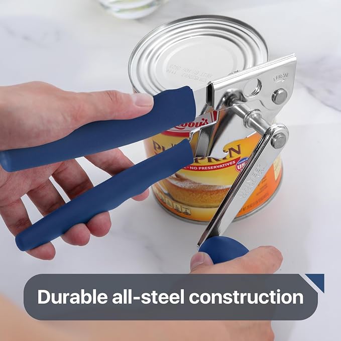 UHIYEE Commercial Can Opener Heavy Duty, Hand Crank for Large Cans, Blue | Manual Can Opener, High-Carbon Blade, Extra-Long Handle, Oversize Knob, Built-in Magnet & Bottle Opener, For #10 Cans