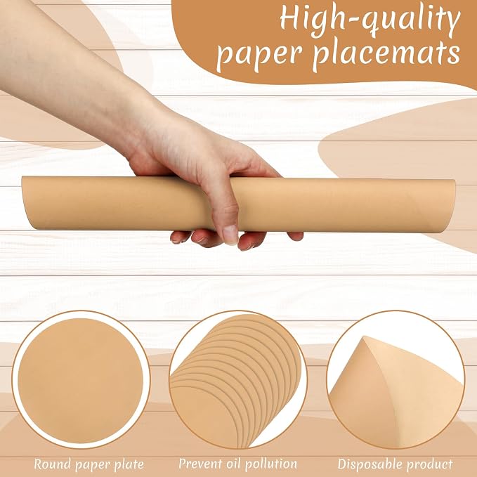 Yeaqee 120 Pcs Disposable Paper Placemats 12 Inch Round Paper Place Mats Blank Table Mats for Restaurant Catering Dining Weddings Birthday Table Holiday Parties Supplies(Kraft)