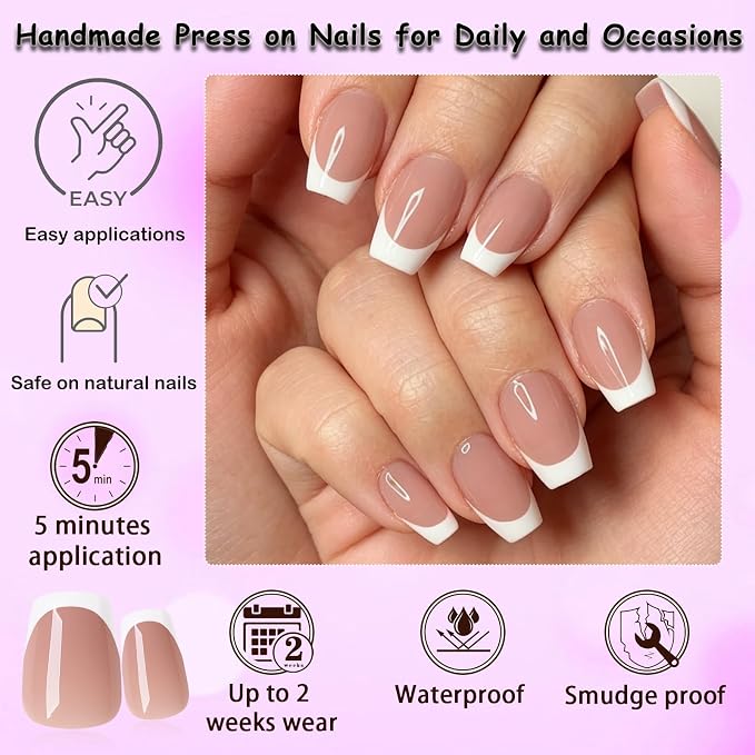 240pc White French Tip Press on Nails Short Coffin Acrylic Nail, Coffee Press ons Fake Nails with Glue, 12 Sizes Glue on Nails Extra Short Press on Nail Coffin Artificial Stick on Nail for Women