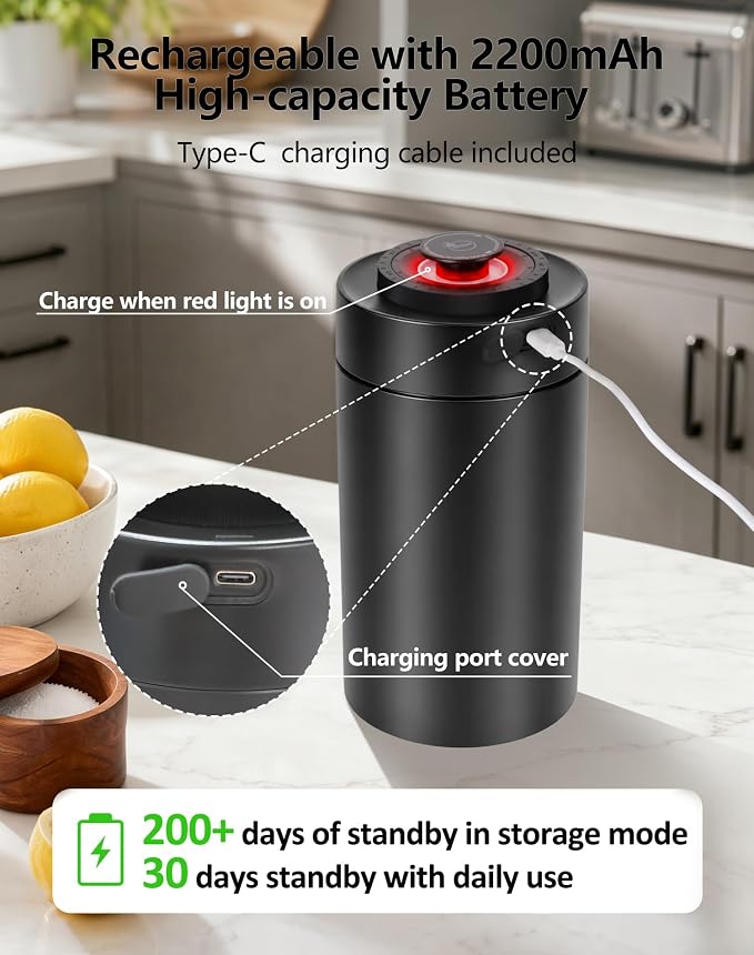 ROTTOGOON Auto Vacuum Coffee Canister, Rechargeable Airtight Coffee Container with 304 Stainless Steel Inner, Scoop, Sealed Coffee Bean Storage Container for Ground Coffee, Tea, Food, 16OZ/ 1.3L