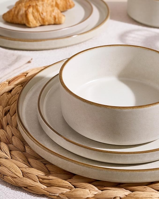 Famiware Nebula 18-Piece Dinnerware Set, Matte Beige White with Brown Rim | Stoneware Plates and Bowls, Handmade Reactive Glaze, Microwave & Dishwasher Safe, Chip & Scratch Resistant