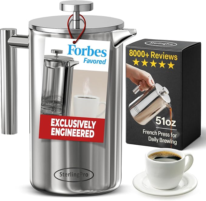 SterlingPro Large Insulated Stainless Steel French Press Coffee Maker 51oz Capacity (44 oz Brew Yield) – Double Wall Metal Coffee Press | Plastic Free | Cool-Touch | Mirror Finish | 12 Cups / 6 Mugs