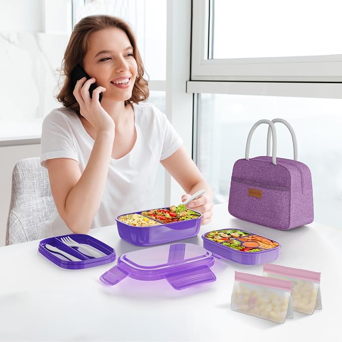 JBGOYON Leakproof Bento Box & Insulated Lunch Bag Set, 4-Piece, Purple | 6-hour thermal retention, includes nested knife fork spoon, 2 reusable snack pouches, designed for adults and kids