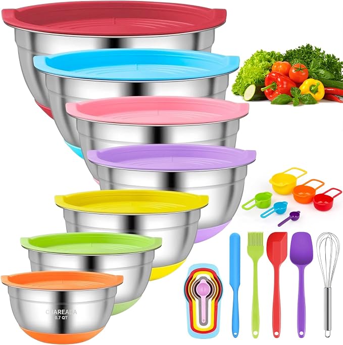 Mixing Bowls with Airtight Lids, 18pcs Stainless Steel Mixing Bowls Set | Nesting Non-slip Silicone Bowls Bottom, Size 4.5, 3.6, 2.7, 2.1, 1.7, 1.1, 0.7 qt, Fit for Mixing & Serving(Colorful )