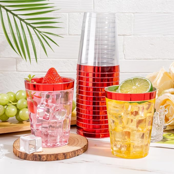 DaYammi 100 Pack Red Plastic Cups 10 Oz,Red Rimmed Plastic Cups for Party Fancy Disposable Cup for Wedding Disposable Glasses Clear Tumblers with red Rim for Bridal Shower Elegant Wine Cocktail Cup